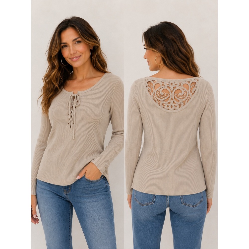Together Tan Ribbed Lace Up Front Crochet Back Knit Sweater Top Beige Small